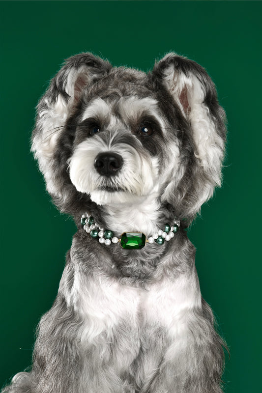 Luxury Handcrafted Shell Pearl Pet Necklace featuring alternating green and white pearls with a prominent green gemstone pendant, creatively displayed alongside a heart-shaped mirror on a white background with black speckles, perfect for adding a touch of class to your pet's wardrobe
