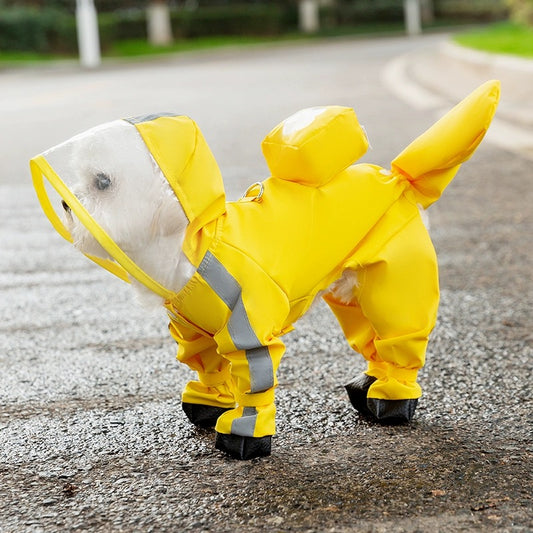 Image of a pet dressed in a yellow one-piece raincoat, ideal for rainy days. The bright yellow color increases visibility in low-light conditions, while the waterproof fabric ensures the pet remains dry and comfortable. This raincoat is tailored with easy-to-use fasteners for a perfect fit on various pet sizes, from small to medium